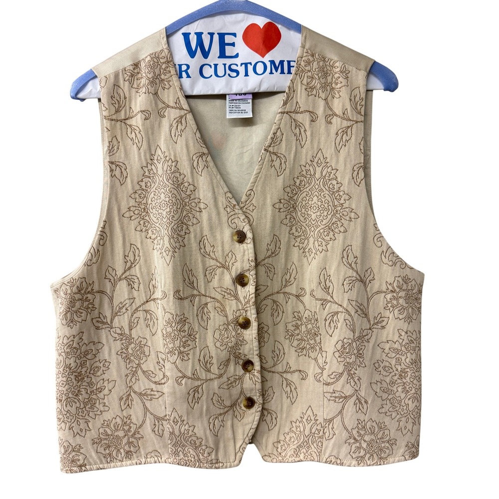 Vtg Talbots Womens Embroidered Floral Vest Cotton Size Large Beige V-Neck Button